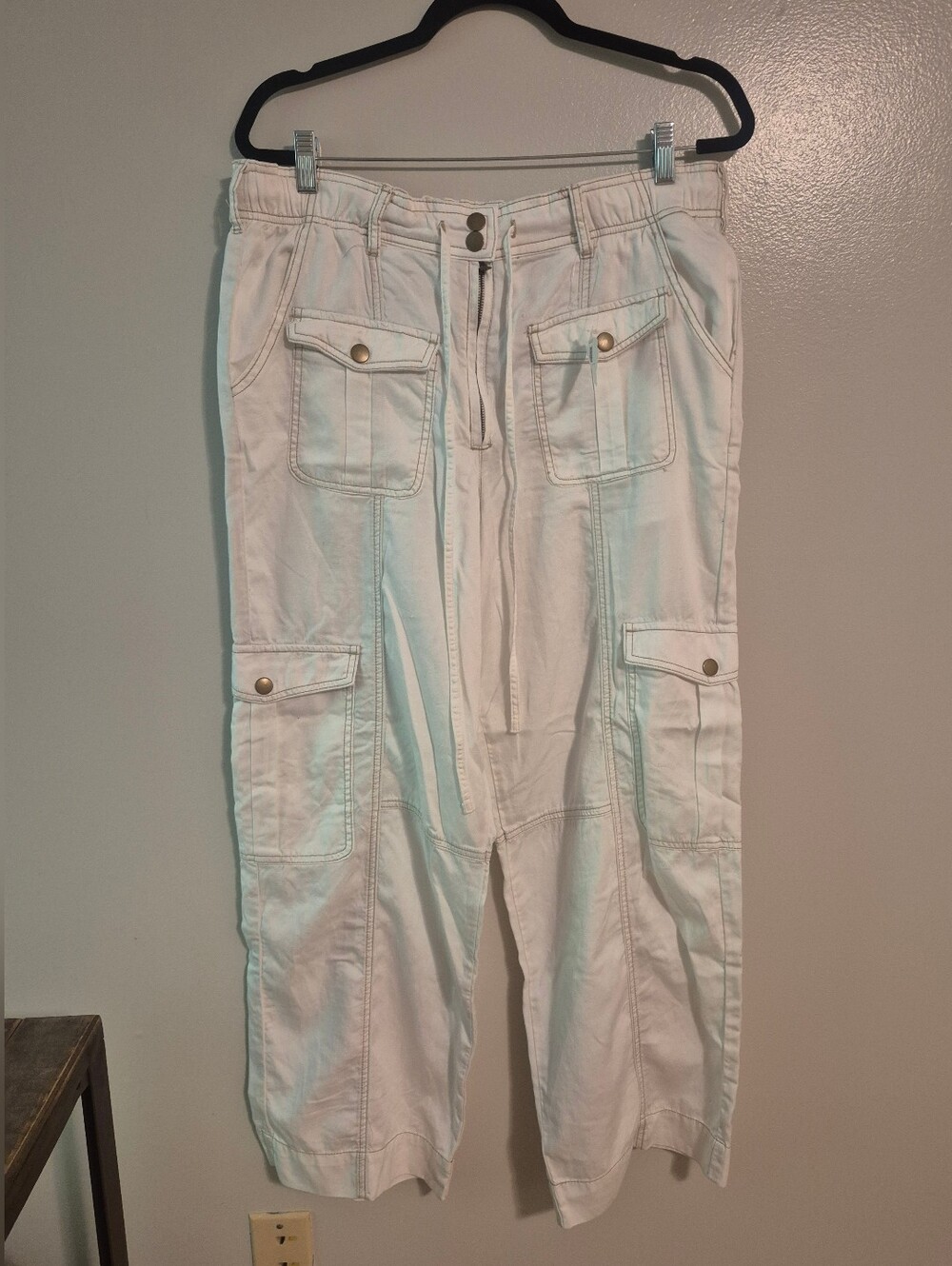 Altar'd State White Cargo Pants with Utility Pockets Cream White Contrast Stitch